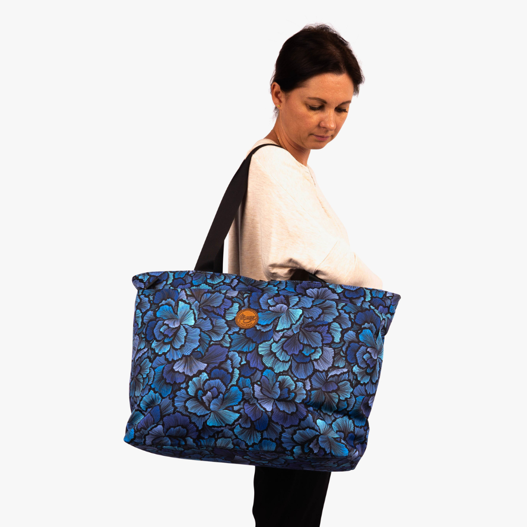 woman model wearing alimasy floriental womens tote bag on shoulder